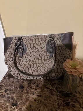 New York & Company Brown Monogram Tote with Dark Brown Trim